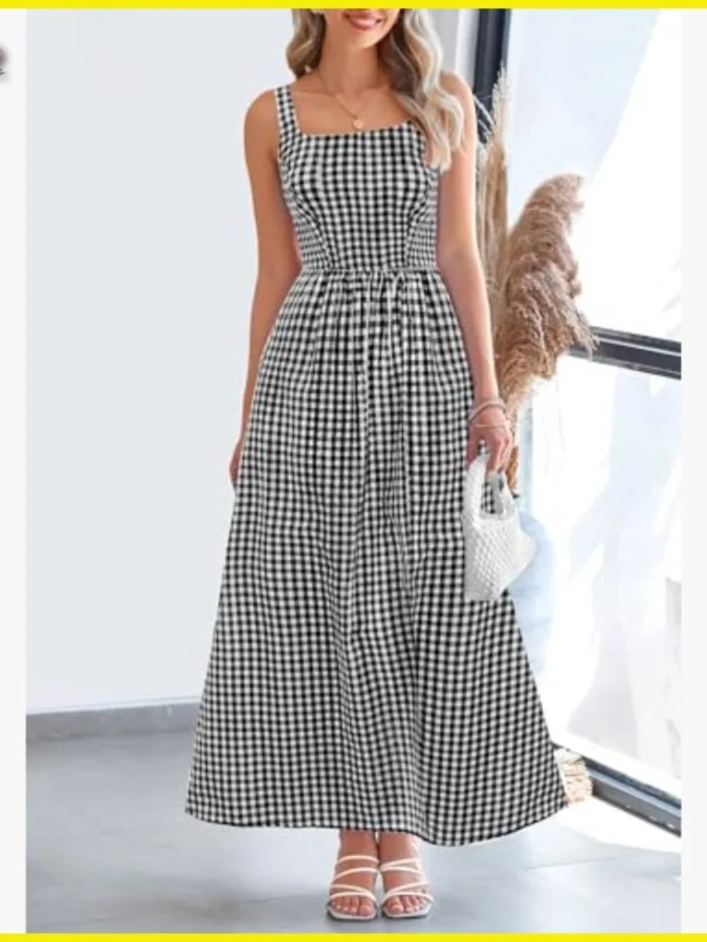 Plaid Square Neck Maxi Dress Spaghetti Strap A-Line Casual Beach Vacation